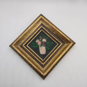Vintage Miniature Original Floral Painting on Fabric Framed Art 3.5" x 3.5"